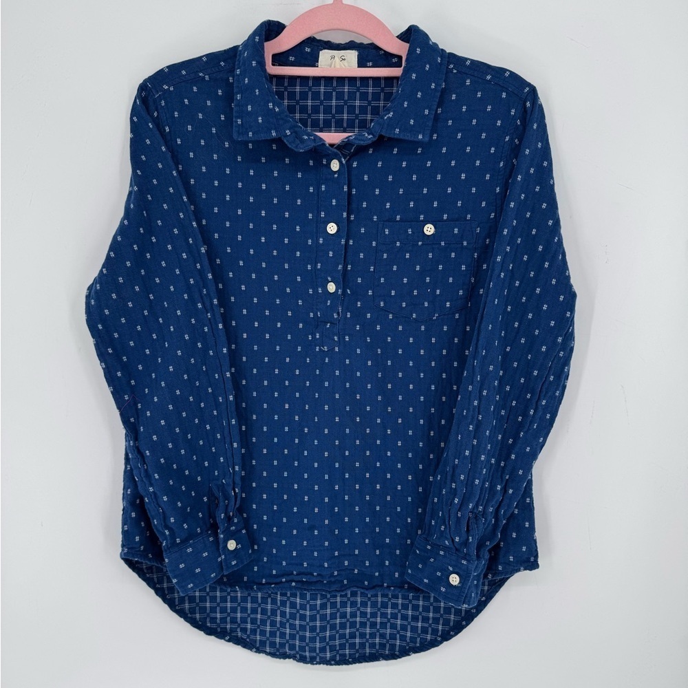 Per Se Women's Blue Long Sleeve Patterned Button Shirt 100% Cotton Size Large